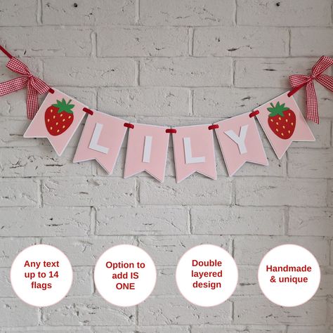 Custom Berry First Birthday Banner, Strawberry 1st Birthday Decorations, Berry Sweet Theme Birthd... | Etsy (US) Berry First Birthday Cake, Red Check Dress, Strawberry 1st Birthday, Strawberry Romper, First Birthday Banner, Berry First Birthday, Baby Birthday Decorations, First Birthday Cake Topper, Unique Flags