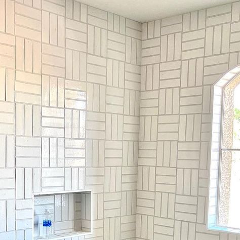 Brittny Smith | Arizona Interior Designer on Instagram: "The Primary Bathroom at the Joseph Way Project is ready for shower glass and the tub installation! I love these zellige tiles laid in this basket weave pattern. . . . #showerdesign #masterbathroom #masterbathroomdesign #primarybathroom #primarybath #masterbathremodel #masterbath #progressreport #jospehway" Basket Weave Subway Tile, Basket Weave Tile Bathroom, Cottage Kitchen Tiles, Arizona Interiors, Basket Weave Tile, Zellige Tiles, 1930s House, Basket Weave Pattern, Shower Glass