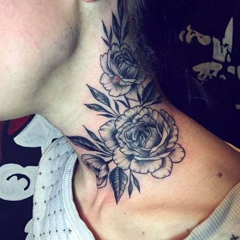 Chest Neck Tattoo, Flower Neck Tattoo, Cover Up Tattoos For Women, Girl Neck Tattoos, Side Neck Tattoo, Framed Tattoo, Throat Tattoo, Neck Tattoos Women, Neck Tattoo For Guys