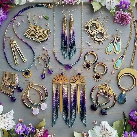 Jewel Tone Color Palette, Turquoise Ombre, Gold Ombre, Purple Mauve, Stick Earrings, Jewel Tone Colors, Seed Beading, Orchid Purple, Gold Champagne