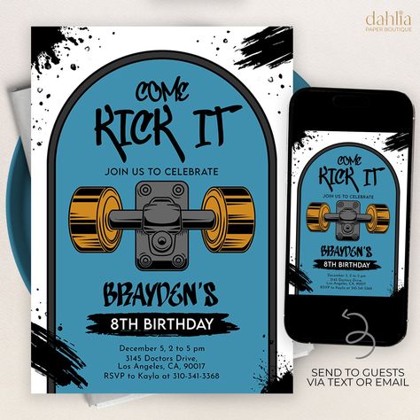 "Skateboard Birthday Invitation, EDITABLE Retro Skater Party Invite, Blue Urban Sports, Come Kick It, 90s Skate Park, Instant Download, KP251 This beautiful invite template is the perfect way to invite your guests to your party! Personalize the template through CORJL, an easy to use template editor that works in your web browser, and print it through your home printer or your local printing shop! ⭐ DEMO - try before you buy ➥ Try it right now! Just copy and paste this demo link into your web browser (CORJL works best in PC or Mac) https://www.corjl.com/d/57H58 ⭐ IT'S A MATCH! ➥ Click this link for all the matching items! https://www.etsy.com/shop/DahliaPaperBoutique?search_query=KP251 - ALL THE TEMPLATES INCLUDED - ➥ This set contains the following items: ✔ INVITATION : 5 by 7\" in ➥ Envel Park Birthday Invitations, Skateboard Birthday Party, Skateboard Party, Skateboard Birthday, Park Birthday Party, Urban Sport, Park Birthday, 90s Skate, Retro Skater