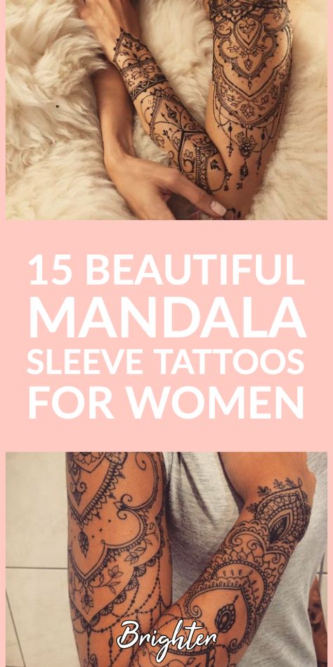 Tattoo Ideas Mandala Arm, Feminine Forearm Tattoo Sleeve, Mandela Tattoo Sleeve Women, Medallion Tattoos For Women, Arm Mandala Tattoos For Women, Full Arm Henna Designs, Mandala Arm Tattoos For Women, Mandela Tattoo Shoulder, Mandela Tattoo Designs For Women