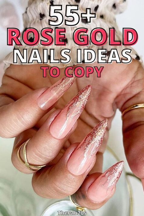 Stunning rose gold nail designs for the ultimate trendsetter. From elegant and chic to bold and glamorous, these nail ideas will take your style to the next level. Discover the magic of rose gold and find the perfect manicure that reflects your unique personality. Whether you prefer subtle accents or full-on metallic charm, these nail looks are sure to turn heads. Stay ahead of the fashion curve and unleash your inner diva with these captivating rose gold nails. Nail Ideas Rose Gold, Rose Gold Almond Nails, Rose Gold French Tip Nails, Rose Gold Nail Ideas, Rose Gold Nail, Gold Accent Nail, Gold French Tip, White Nails With Gold, Rose Gold Nails Design