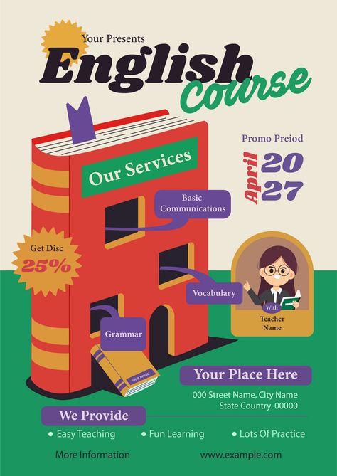 Course Flyer, School Advertising, Aesthetic Creative, Advertising Flyers, Teacher Posters, English Language Course, Learning Poster, Page Borders Design, Kids English