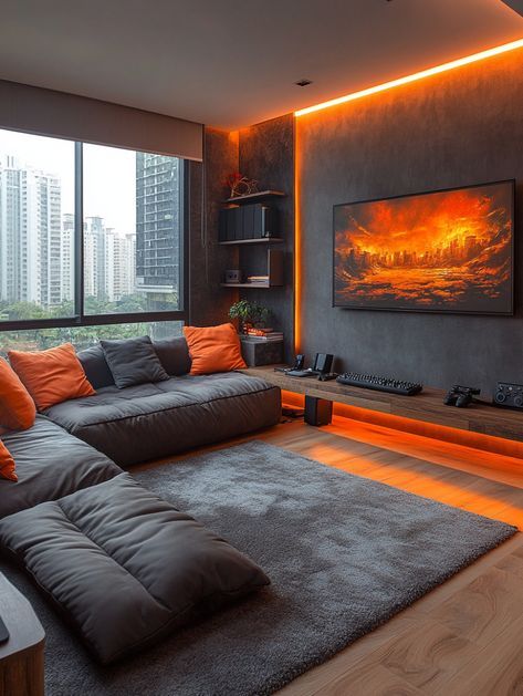 Gaming Room Concept, Gaming Room Couch, Gaming Setup Living Room, Gaming Tv Setup, Man Living Room Ideas, Tech Living Room, Gaming Room Interior Design, Gaming Room Interior, Elegant Living Room Decor Luxury