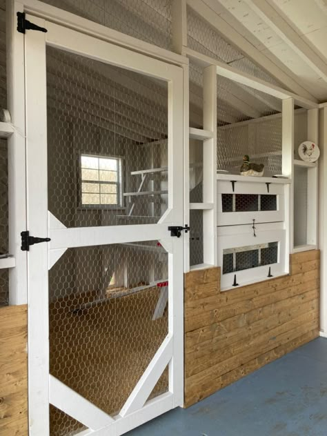 Chicken Coop Plans With Storage, Farm Feed Storage Ideas, Horse Stall Into Chicken Coop, Chicken Coop Divider Wall, Chicken Coop Feed Storage, Siding For Chicken Coop, Chicken Coop With Feed Room, Garage Chicken Coop Ideas, Horse Stall Chicken Coop