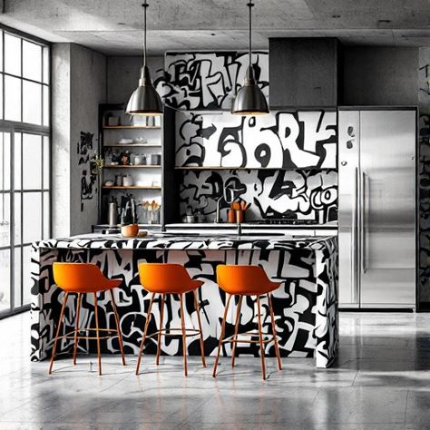 ✨ Bold & Modern Kitchen Inspiration ✨ Elevate your culinary space with graffiti-inspired patterns and vibrant orange accents. Discover design tips to embrace boldness, add playful energy, and mix sleek textures for depth. Perfect for a street art-inspired look. Transform your kitchen into a work of art and let creativity flow! #KitchenDesign #ModernDecor Photograph - Alex Kinsley, Location - London Graffiti Kitchen, Graffiti Restaurant, Modern Kitchen Inspiration, Orange Accents, Game Room Design, Restaurant Interior, Vibrant Orange, Design Tips, Kitchen Inspirations