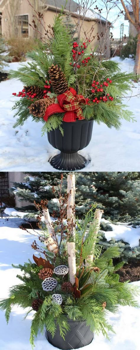 How to create colorful winter outdoor planters and beautiful Christmas planters with plant cuttings and decorative elements that last for a long time. They will look amazing from Thanksgiving through New Year! - A Piece of Rainbow Christmas Urns, Winter Planters, Christmas Outdoor Decorations, Affordable Christmas Decorations, Winter Planter, Creative Elements, Christmas Pots, Christmas Planters, Holiday Decorating Ideas