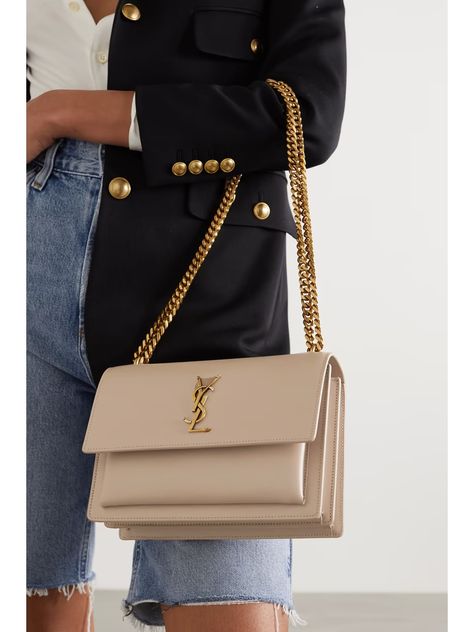 SAINT LAURENT Sunset medium leather shoulder bag | NET-A-PORTER Ysl Sunset Bag Medium, Beige Sunset, Ysl Sunset Bag, Sac Yves Saint Laurent, Ysl Crossbody Bag, Ysl Purse, Bag Saint Laurent, Push Gifts, Neutral Bag