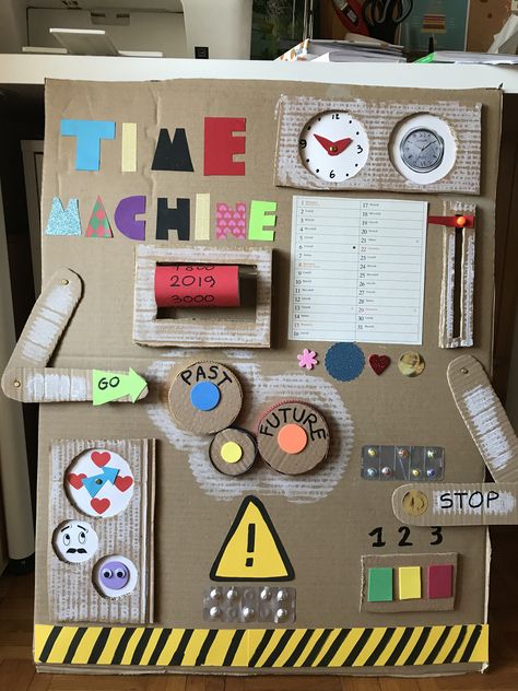 Time Machine Cardboard, Time Travel Art For Kids, Time Machine Door, Cardboard Time Machine, Time Machine Craft, Time Travel Crafts For Kids, Time Travel Crafts, Diy Time Machine, Time Machine Decorations