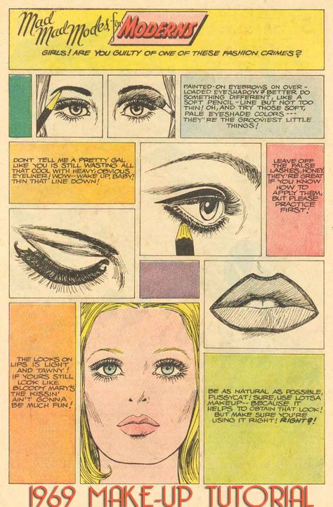 1969---Vintage-Makeup-Guide Make Up Guide, 1960s Makeup, Hippie Makeup, Vintage Makeup Ads, 60s Makeup, 70s Makeup, Makeup Ads, Retro Makeup, Makeup Lessons