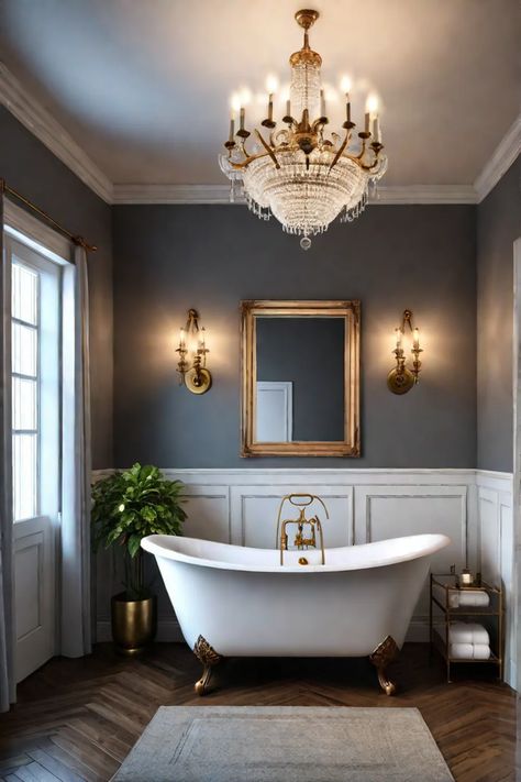 Sophisticated vintage bathroom with layered lighting Colonial Interior Bathroom, Bathroom Colonial, Romantic Vintage Bathroom, Parisian Modern Bathroom, Old Fashion Bathroom, Classic Master Bath Ideas, Elegant Master Bath, Classic Modern Bathroom, Moody Bathroom Clawfoot Tub