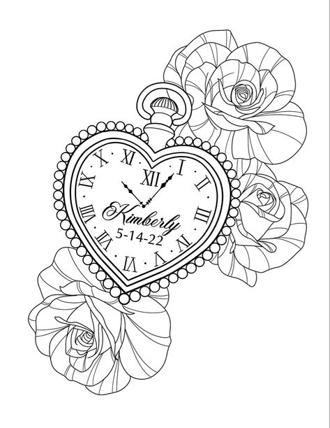 Heart clock with roses tattoo design Rose Time Clock Tattoo, Heart Watch Tattoo, Rose Heart Clock Butterfly Tattoo, Clock Tattoo With Roses, Heart Shape Clock Tattoo Design, Heart Clock Tattoo Stencil, Tattoo Heart With Letter, Heart Clock Drawing, Heart Clock Tattoos For Women