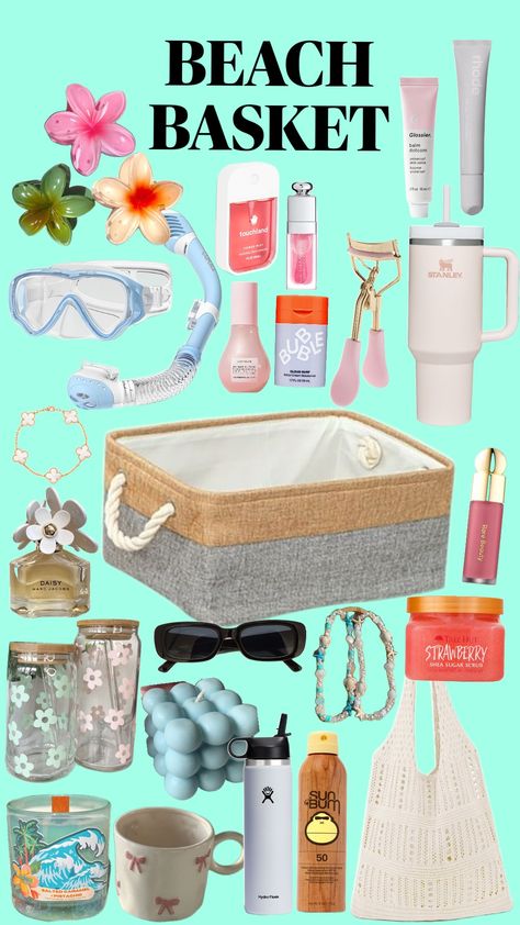 Beach basket idea!! Beach Basket Ideas, Beach Basket Gift Ideas, Beach Gift Basket, Ocean Basket, Making A Gift Basket, Beach Basket, Birthday Basket, Ocean Gifts, Beach Room