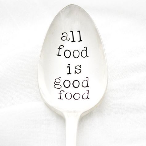 All Food is Good Food. Vintage hand by MilkandHoneyLuxuries, $18.00 #recovery Food Affirmations Positive, Cork Board Inspiration, Food Recovery Quotes, Diet Meme, Eating Healthy Memes Funny, Food Is Good, Disorder Quotes, Eating Healthy Memes, Food Vintage