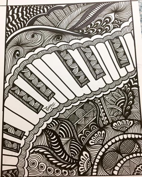 Piano Mandala Art, Piano Zentangle, Music Zentangle Art, Vignette Art Drawing Simple, Vignette Drawing Simple, Vignette Drawing Easy, Drawing Of Piano, Music Mandala Art, Music Zentangle