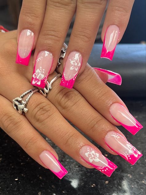 2023 Nail Art #nailsnailsnails #nailtech #nailart #naildesigns #frenchnails #pinknails #SAtxnailtech #nailtech Cute Summer Nails Long Square, Pink Nails With Hawaiian Flower, Hot Pink Nails With Design Summer French Tips, Hibiscus Flower Nails 2000s, Hibiscus Flower Nail Designs, Hot Pink French Tips With Flowers, Hawaiian Flower Nails Acrylic French Tip, Hot Pink Hibiscus Nails, Long Summer Nails 2024