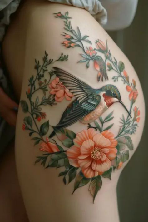 Looking for elegant bird tattoo designs for women? Explore a variety of captivating bird tattoo ideas perfect for females. From delicate flying birds to intricate feathers, these designs are perfect for those wanting a nature-inspired or symbolic tattoo. Find inspiration and find the perfect bird tattoos to express your style and personality. Whether you prefer small, minimalist tattoos or bold, colorful designs, there is something here for everyone. Discover the beauty of bird tattoos and get i Hummingbird Flower Tattoo Sleeve, Bird Tattoos Back, Coloured Tattoos For Women, Bird Thigh Tattoo, Bird Tattoo Designs For Women, Full Buttcheek Tattoo Women, Nina Aesthetic, Neo Traditional Chest Tattoo, Hummingbird Flower Tattoos