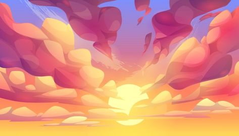 Sunset or sunrise, sky with pink clouds ... | Free Vector #Freepik #freevector #background #light #cloud #cartoon Sun Evening, Clouds Pink, Sun Background, Pink Sunrise, Landscape Clouds, Background Landscape, Cloud Vector, Affiliate Background, Background Pink