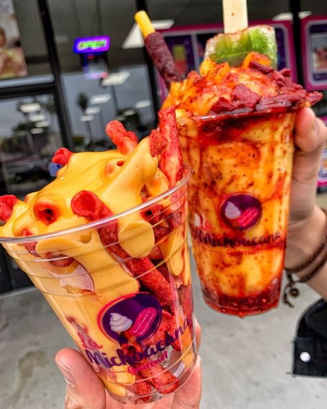 TAKIS with CHEESE, MANGONADAS, and a COTTON CANDY ICE CREAM BURRITO from @lamichgourmet. Wednesday is looking pretty🔥 if you ask me🤤.. 🍴:… Mexican Snack Foods, Mexican Snacks, Junk Food Snacks, Food Babe, Yummy Comfort Food, Cheese Fries, Sweet Snacks Recipes, Food Drinks Dessert, Weird Food