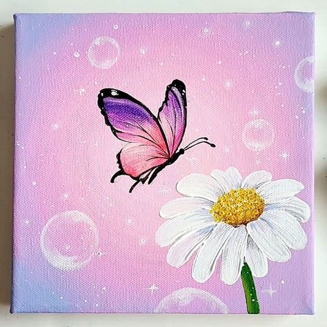 Rose And Butterfly Painting, Butterfly In Acrylic Painting, Butterfly On Flower Painting Acrylic, Butterfly Drawing On Flower, Flower Nature Drawing, Mother’s Day Painting Ideas Butterfly, Butterflies Canvas Painting, Butterfly On Canvas Painting, Painting Butterfly Acrylic