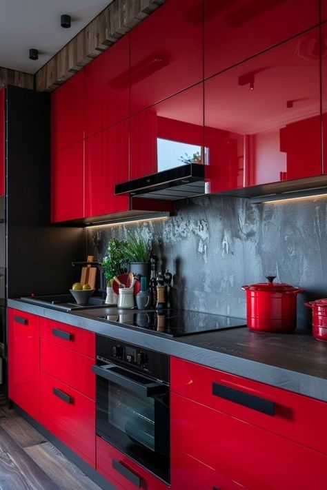 Red Cabinets Black Countertops, Red Kitchen Ideas, Home Haunted House, Red Kitchens, Red Kitchen Cabinets, Red Kitchen Accessories, Haunted House Decor, Red Cabinets, Modern Kitchen Ideas