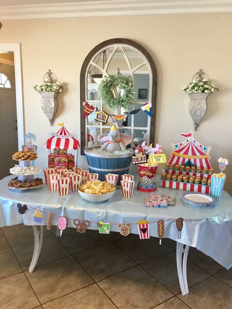 Dumbo Carnival Birthday Party, Dumbo Themed Dinner, Dumbo Theme Birthday Party, Dumbo Circus Birthday Party, Baby Dumbo Baby Shower Ideas, Dumbo Birthday, Dumbo First Birthday, Dumbo Birthday Party Decorations, Dumbo Party Decorations