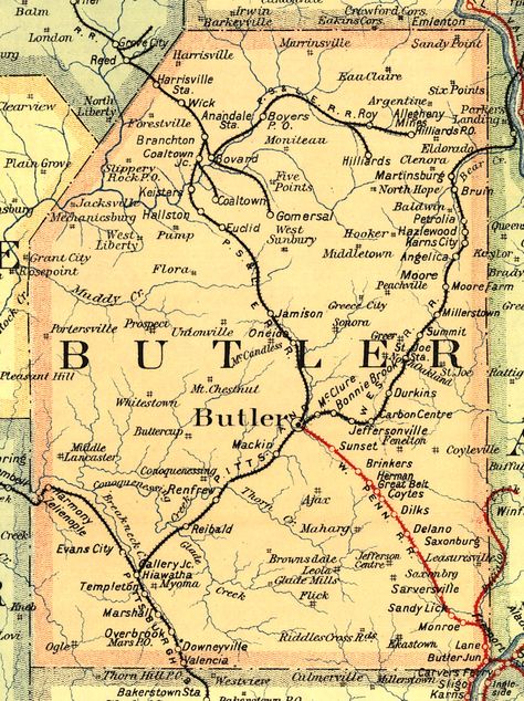 Butler County Pennsylvania Railroad Stations Butler Pennsylvania, Genealogy Map, Butler County, Pennsylvania Railroad, County Map, Front Street, Lake Erie, Genealogy, Pennsylvania