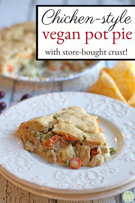 It doesn’t get cozier than vegan pot pie. It is loaded with carrots, onions, celery, peas, and chicken-style seitan. Then it's bundled up in a creamy cashew sauce. This holiday-worthy dinner got a whole lot easier since it’s made with store-bought frozen pie crusts! And yes, there’s a top and bottom crust for maximum yum factor. Vegan & gluten-free option. #vegan #holidays #vegetarian #comfortfood #potpie #glutenfreeoption #seitan Vegan Chicken Pot Pie, Vegan Pot Pie, Veggie Pot Pie, Vegan Pot Pies, Cashew Sauce, Vegan Chicken, Thanksgiving Recipe, Frozen Pie, Pie Crusts