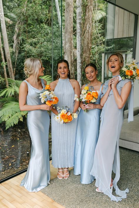 Different Shaded Blue Bridesmaid Dresses, Bridesmaids Same Color Different Dress, Same Dress Bridesmaids, Less Formal Bridesmaid Dresses, Bermuda Bridesmaid Dresses, Tropical Color Bridesmaid Dresses, Pastel Yellow And Blue Wedding Bridesmaid Dresses, Different Blues Bridal Party, Florida Bridesmaid Dresses