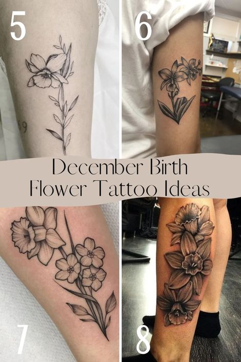 December Birth Flower Tattoo {Narcissus} - TattooGlee Black And White Birth Flower Tattoo, Dainty December Flower Tattoo, December Birth Flowers Tattoo, Narcissus Tattoo December, October Bday Tattoo Ideas, Birth Flower Tattoo December, May Birth Flower Tattoo Color, December Birth Flower Tattoo Ideas, Birth Month Flower Tattoos December