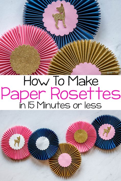 How To Make Paper Rosettes With The Cricut Maker - Tastefully Frugal How To Make Rosettes Paper, Party Decor With Cricut, Paper Rosettes Diy How To Make, Cricut Party Decor, Paper Rosettes Diy, Cricut Party Decorations, Decorative Scissors, Rosettes Paper, How To Make Rosettes