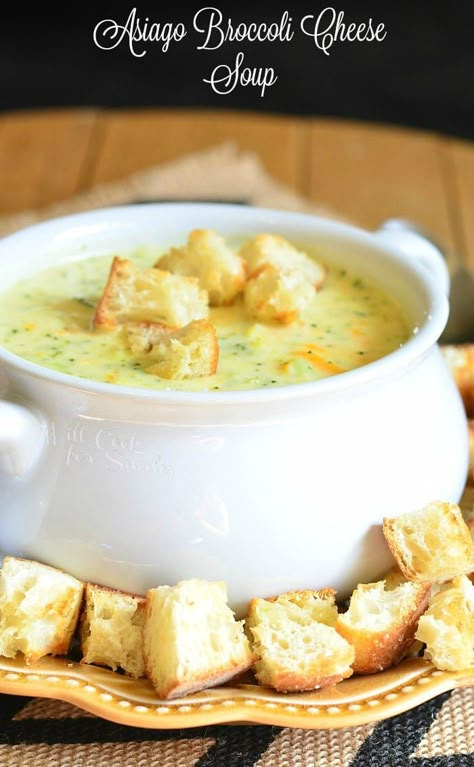 Divine variation of a classic broccoli cheese soup. This comforting, homemade soup is made with two flavorful cheeses, sharp white cheddar cheese and Asiago cheese. Asiago Broccoli Cheese Soup, Asiago Soup, Best Mushroom Soup, Will Cook For Smiles, Broccoli Cheese Soup Recipes, Cheese Soup Recipes, Soup Appetizers, Chili Stew, Asiago Cheese