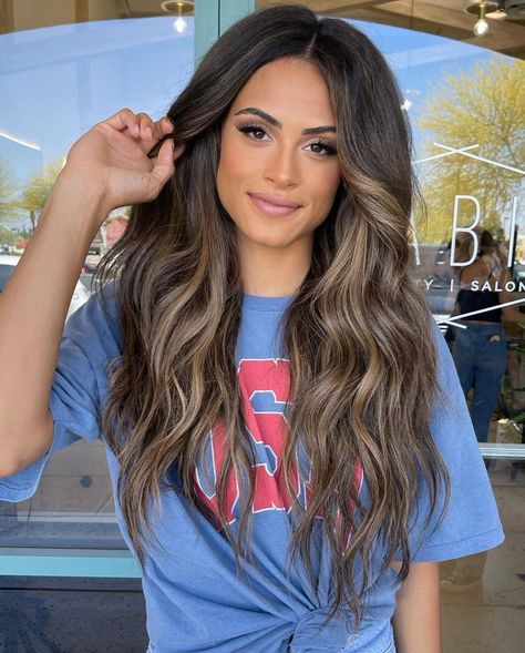 Chrissy Rasmussen on Instagram: “NEW HAIR 4️⃣ @sydneymclaughlin16 ❤️ Caramel brownie @habithairx clipin extensions also available in hand tied wefts @ habithairx.com. Do…” Brown To Dark Brown Balayage, Loved In Balayage, Blonde And Brown Bayalage, Call Brunette Hair, High Contrast Balayage Brunettes, Summer Burnett Balayage, Dark Brown With Blonde Balayage, Brunnet Hair Balayage, Balyage Long Hair Brunettes Dark