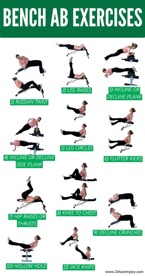 These ab exercises for women can be done on a bench and are great for beginners or advanced. Click through to read all instructions and modifications. This ab bench workout can be done at home or at the gym. Sit Up Bench Exercise, Beginner Bench Workout, Home Workout With Bench, Core Bench Workout, Ab Bench Exercises For Women, Bench Exercises At Home, Bench Exercises For Women, Bench Workout Women, Bench Workouts For Women