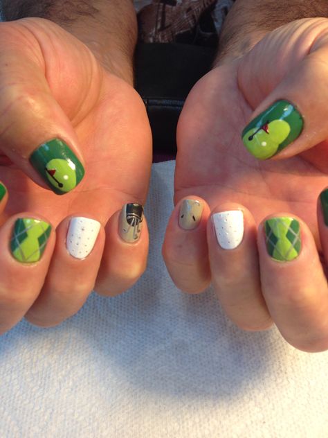 Nail Art Golf, Masters Nails Golf, Golf Design Nails, Golf Theme Nails, Golf Inspired Nails, Cricket Nail Art, Rugby Nail Art, Golf Wang Nails, Golf Themed Nail Designs