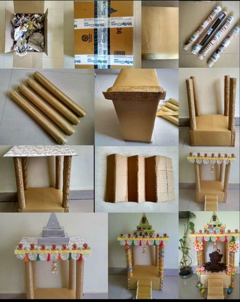 Eco Friendly Ganpati Decoration, Mandir Decoration, Candy Lei, Candle Holder Crafts, Carton Diy, Newspaper Crafts Diy, Thali Decoration Ideas, Ganpati Decoration At Home, Diy Floral Decor