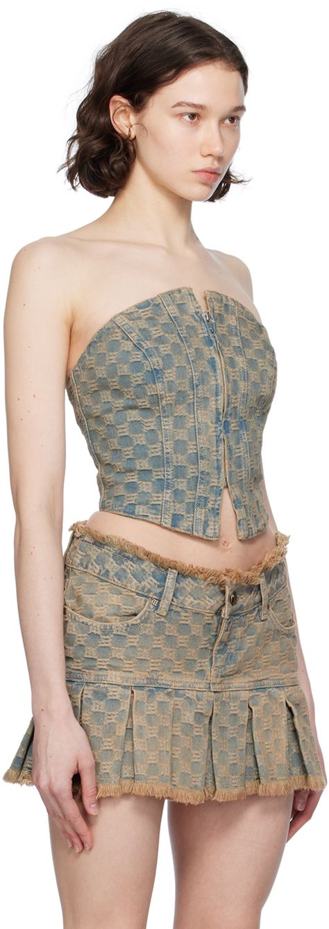 Non-stretch denim corset-style tank top. Fading and jacquard logo pattern throughout. · Straight neck · Zip closure · Cropped hem · Shirring at back Supplier color: Blue Denim Tank Top, Denim Tank, Denim Corset, Logo Pattern, Corset Style, Black Nylons, Denim Top, Leather Shoulder Bag, Tank Top Fashion