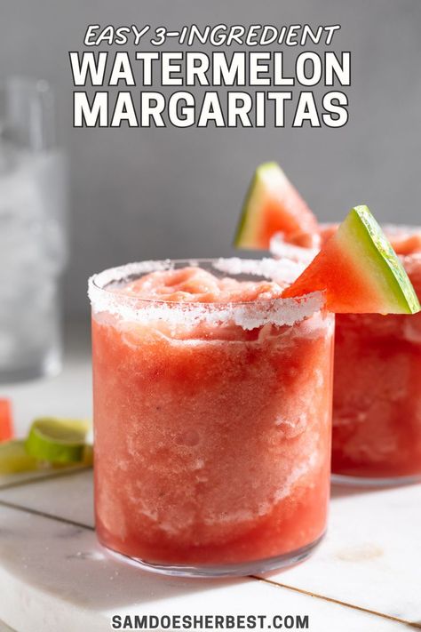 These watermelon margaritas will be your new favorite summer cocktail recipe! With just three ingredients and a blender, you’ll have the most delicious and refreshing frozen drink. Frozen watermelon, lime juice, and a splash (or two) of good quality tequila come together to make this best-ever, easy summer margarita to serve at your Memorial Day or 4th of July party! Watermelon Recipes Drinks, Frozen Watermelon Margarita, Healthy Cocktail Recipes, Watermelon Margaritas, 4th Of July Cocktails, Summertime Cocktail, Watermelon Cocktail, Easy Summer Cocktails, Watermelon Drink