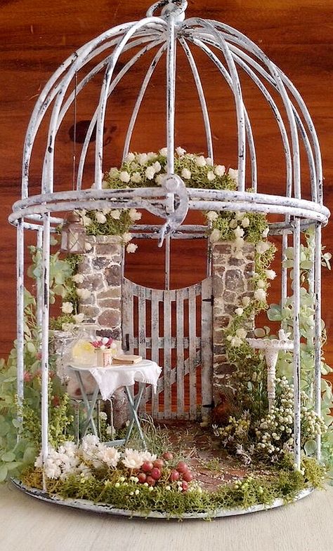 ༺♥༻ Fairy Garden Design Ideas, Diy Fairy Garden, Fairy Garden Crafts, Fairy Garden Designs, Bird Cage Decor, Faeries Gardens, Mini Fairy Garden, Diy Gardening, Fairy Garden Houses