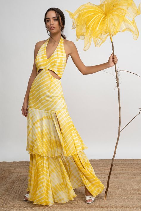 Shop for AMRTA Yellow Shell- Viscose Georgette Tie Dye Maxi Dress for Women Online at Aza Fashions Tie Dye Dress Outfit, Desert Waves, Stylish Kurtis Design, Dresses Western, Trendy Outfits Indian, Cozy Sweater Dress, Lehenga Designs Simple, Tier Dress, Yellow Tie