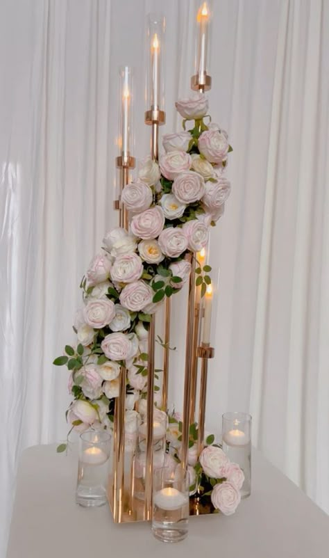 Ivory And Rose Gold Wedding, Tall Candle Centerpiece, Fake Flower Arrangements Diy, Candelabra Decor, Tall Flower Centerpieces, Wedding Table Centerpieces Elegant, Elegant Wedding Centerpiece, Modern Wedding Flowers, Wedding Planning Decor