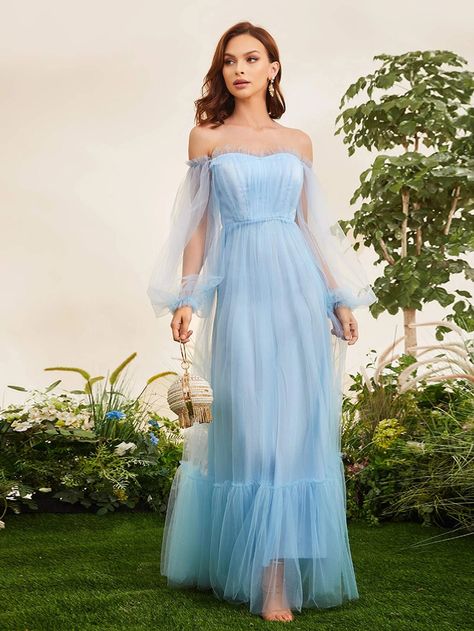 SHEIN Off Shoulder Lettuce Trim Ruffle Hem Mesh Bridesmaid Dress | SHEIN USA Baby Blue Wedding Dresses, Blue Baby Shower Dress, Cinderella Prom Dress, Baby Blue Prom Dresses, Blue Wedding Guest Dresses, Baby Blue Weddings, Mesh Bridesmaids Dress, Baby Blue Dresses, Maid Of Honour Dresses