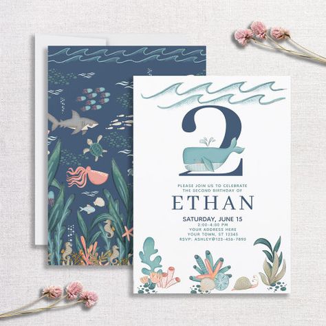 2Nd Birthday Under The Sea Watercolor Whale Invitation #zazzle #weddinginvitations #birthdayinvitations #babyshowerinvitations #zazzleinvitations #monogram #businesscards #graduation #homedecor Under The Sea Watercolor, 65th Birthday Invitations, Birthday Under The Sea, Whale Birthday, Sea Watercolor, 80th Birthday Invitations, Animals Watercolor, Watercolor Whale, Photo Birthday Invitations