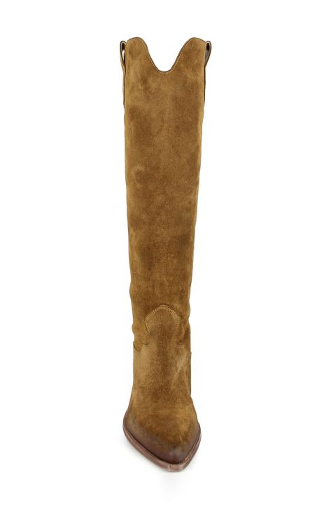 Add unmistakable Western flair to your look with this knee-high suede boot set on a block heel. 2 1/2" heel 15 1/2" shaft; 14 1/2" calf circumference Leather upper, lining and sole Made in Italy Suede Cowboy Boots, Modern Cowgirl, Jeweled Shoes, Brown Knee High Boots, Suede Boots Knee High, Frye Boots, Glass Slipper, Boots Knee, Shoe Obsession