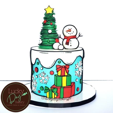 Comic Christmas Cake, Cartoon Christmas Cake, Christmas Present Cake Ideas, Xmas Theme Cake, Comic Style Christmas Cake, Cartoon Cake Christmas, Snowman Christmas Cake, Christmas Theme Cake Buttercream, New Cake Design