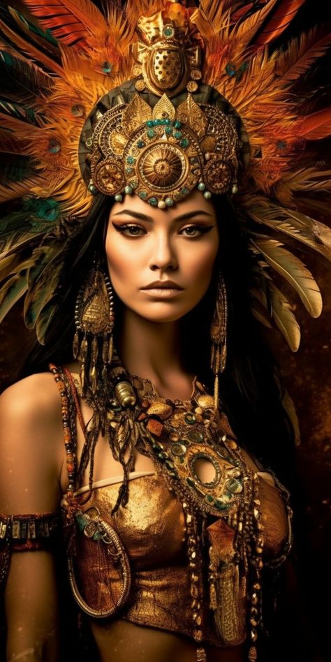 Xochiquetzal, the radiant goddess of love, beauty, and fertility, stands before you with an otherworldly aura. Her figure is the epitome of divine grace, her Egyptian Goddess Dress, Maya Woman, Aztec Queen, Mexican Fusion, Alaska Cabin, Female Goddess, Gold Cost, Aztec Empire, Supernatural Powers