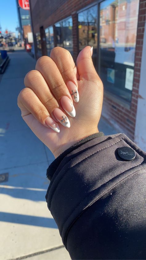 Almond Chrome Heart Nails, Simple Chrome Hearts Nails, Chrome Hearts Nails Almond, Chrome Hearts Nails, Chrome Heart Nails, Hearts Nails, White Almond Nails, Cross Nails, Nail Goals