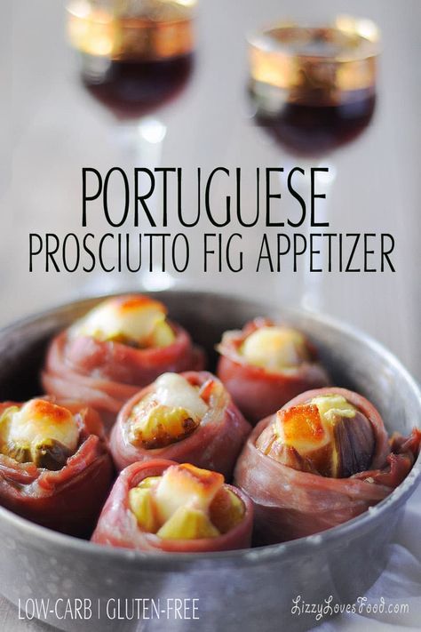 Recipe from Portugal! This Gluten-Free and Low-Carb Portuguese Prosciutto Fig Recipe is filled with flavor for the perfect appetizer. Melted goat cheese in the center of a fig that is wrapped with prosciutto. Portugese Theme Party, Portuguese Thanksgiving Recipes, Portuguese Charcuterie Board, Fig Recipes Appetizers, Portuguese Dinner Party, Fig Recipes Dinner, Portuguese Appetizer Recipes, Portugal Appetizers, Fig Prosciutto Appetizers