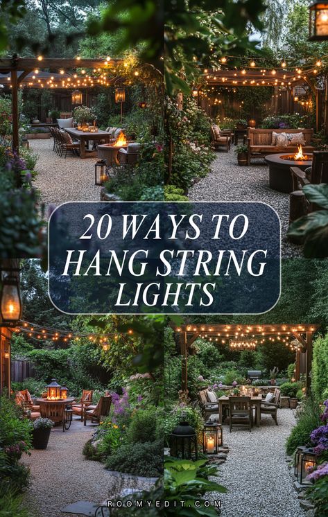 Transform your space with these 20 creative ways to hang string lights! ✨ Perfect for adding a magical touch to patios, gardens, and cozy corners. Stringing Patio Lights, Stringing Lights In Backyard, Patio Hanging Lights Ideas, Fairy Lights For Garden, Fairy Lights Patio Outdoor Spaces, Backyard Patio String Lights, How To Hang Lights In Backyard, Solar Hanging Lights Outdoor, Backyard Bistro Lights